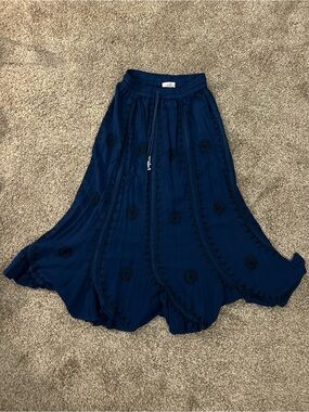 Boho Navy Blue Embroidered Flowing Maxi Skirt